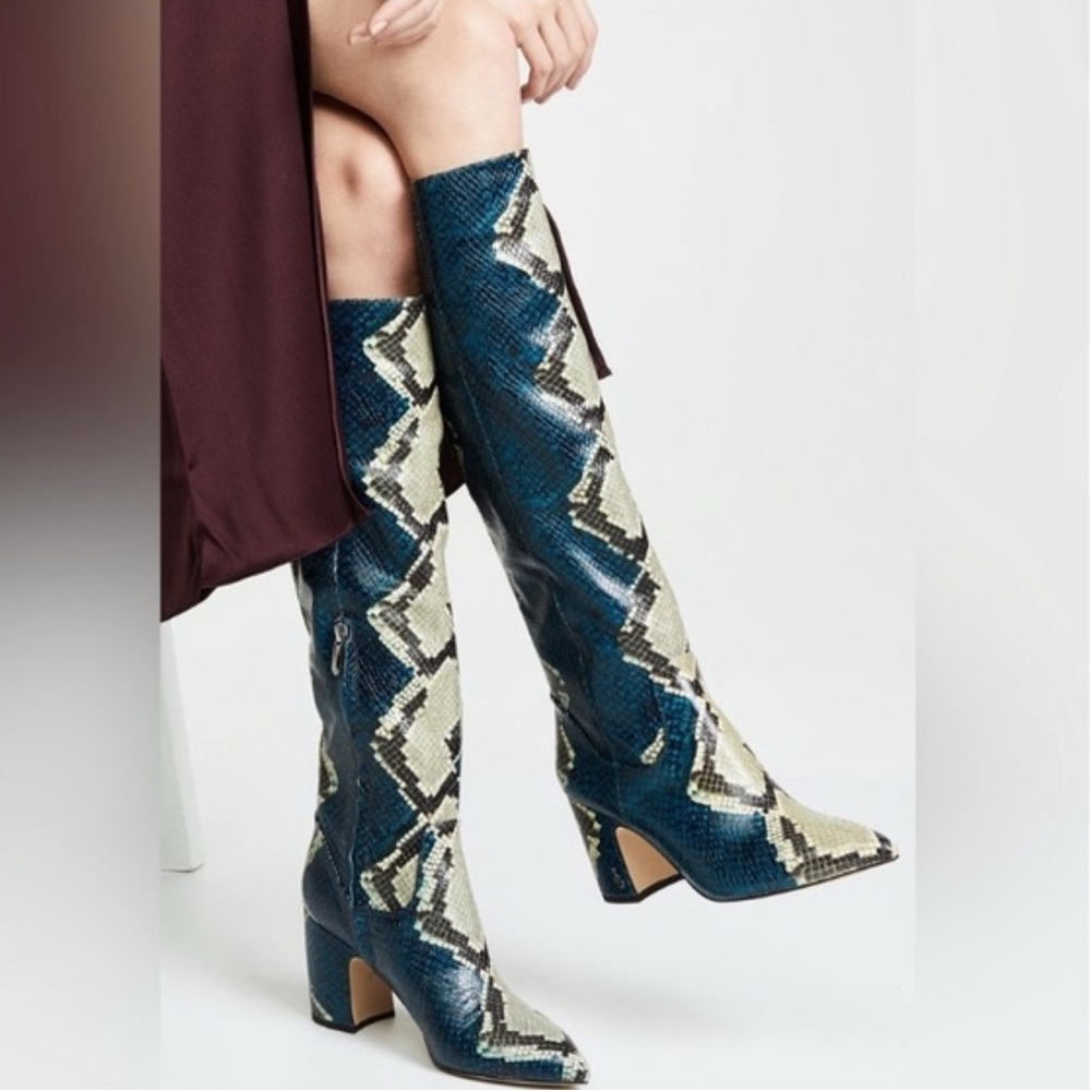 Sam Edelman Blue and Cream Snake Print Heeled Boots - Picture 6 of 7